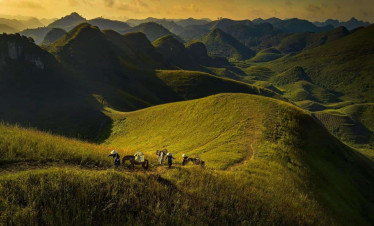 Hiking adventure through lush green hills of Sapa, Vietnam, capturing breathtaking mountain scenery.