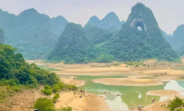 Karst mountains and river landscape in northern Vietnam, scenic natural beauty and tranquil atmosphe.