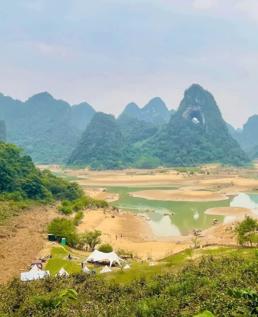 Karst mountains and river landscape in northern Vietnam, scenic natural beauty and tranquil atmosphe.