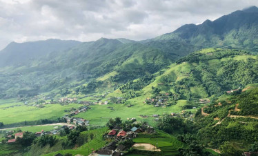 Rice terraces and mountain scenery in Vietnam, lush green landscape.