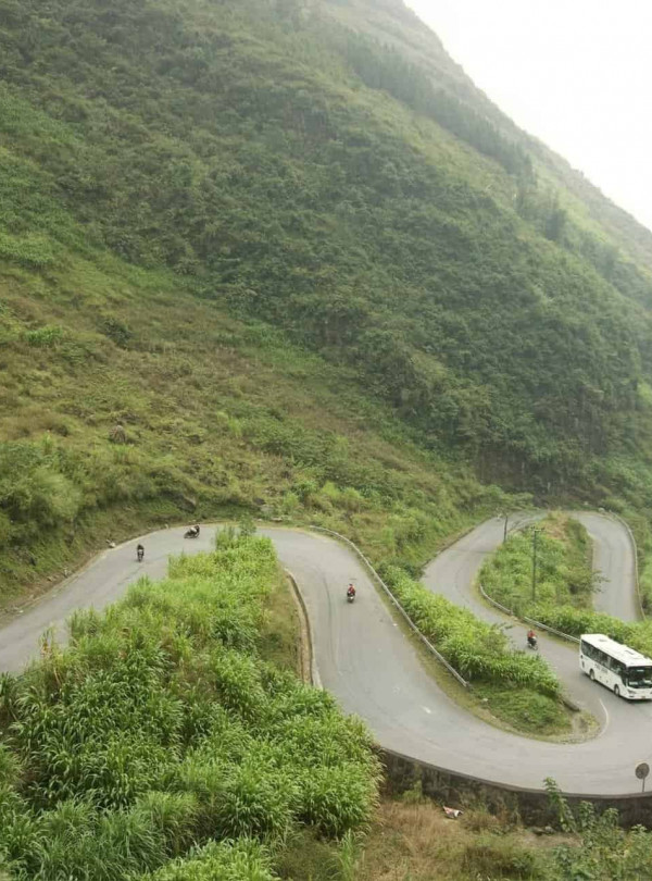 Ha Giang mountain pass winding through lush green hills.