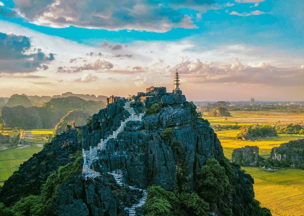 Bai Dinh Pagoda perched atop a scenic mountain offering spiritual serenity and stunning views.