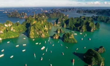 Halong Bay boat tour with numerous islands and boats in emerald waters.