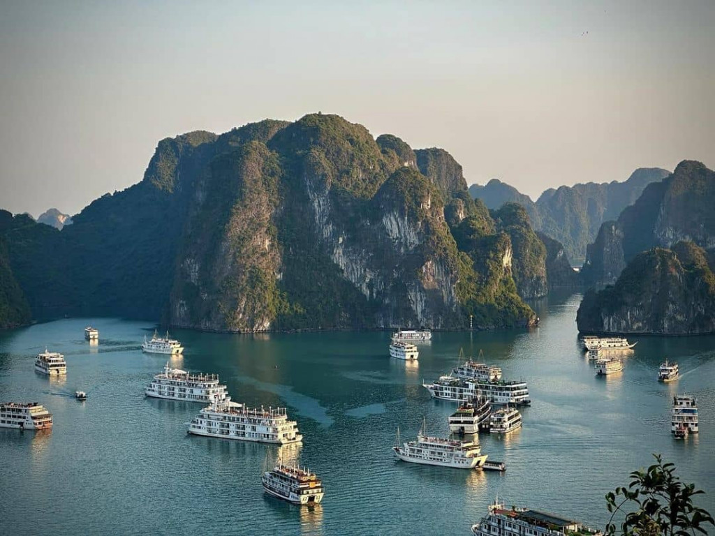 Halong Bay cruise ships sailing among limestone karsts.