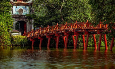 Hanoi Temple of Literature with traditional architecture and lush greenery.