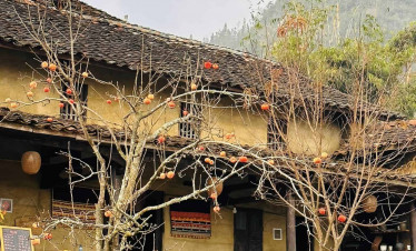 Traditional village house with blooming flowers and mountain backdrop.
