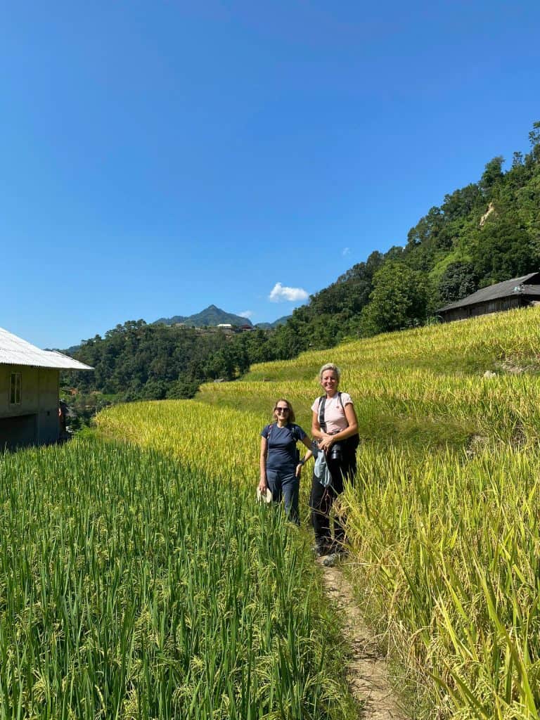 Rice terrace trekking adventure in Vietnam's lush landscape.