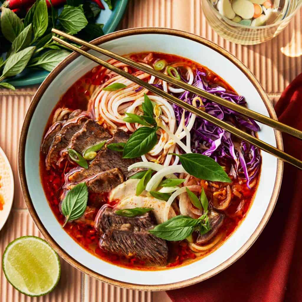 Vietnamese Beef Noodle Soup with Fresh Herbs.