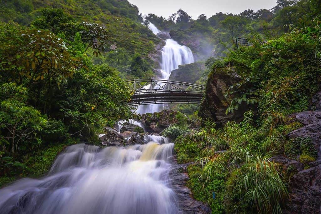 Majestic waterfall cascading through lush green forest in Sapa, offering a serene and breathtaking n.
