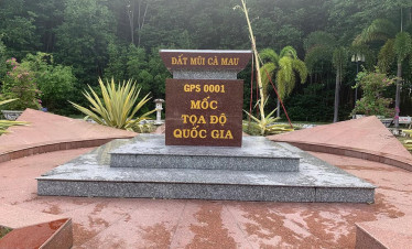 Mekong Delta GPS marker at the southernmost tip of Vietnam, showcasing the region's unique geography.