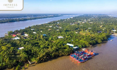 Mekong River view with lush greenery and traditional boats, showcasing Vietnam’s vibrant delta scene.