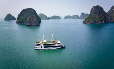 Beautiful Halong Bay landscape with a cruise boat sailing among limestone islands.