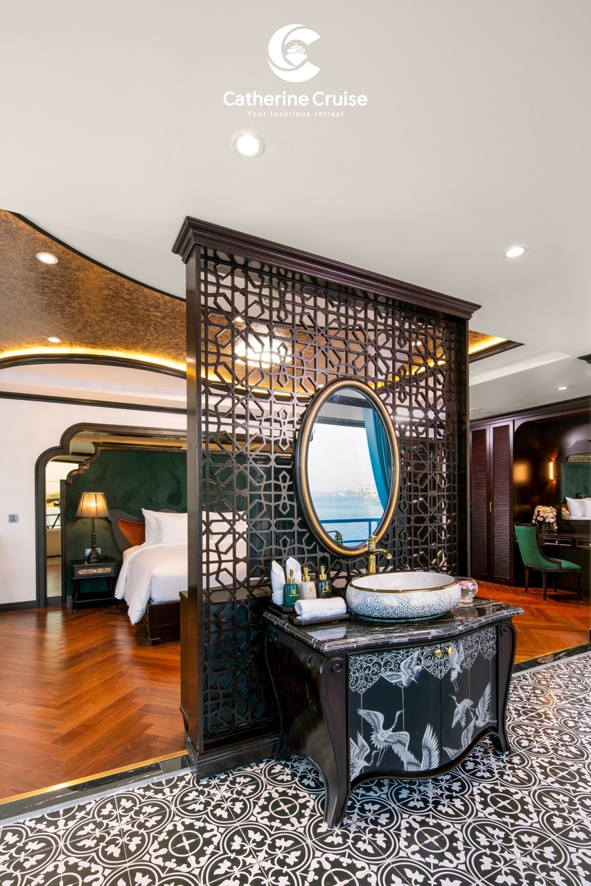Luxurious hotel suite with ocean view, elegant decor, and contemporary design elements.