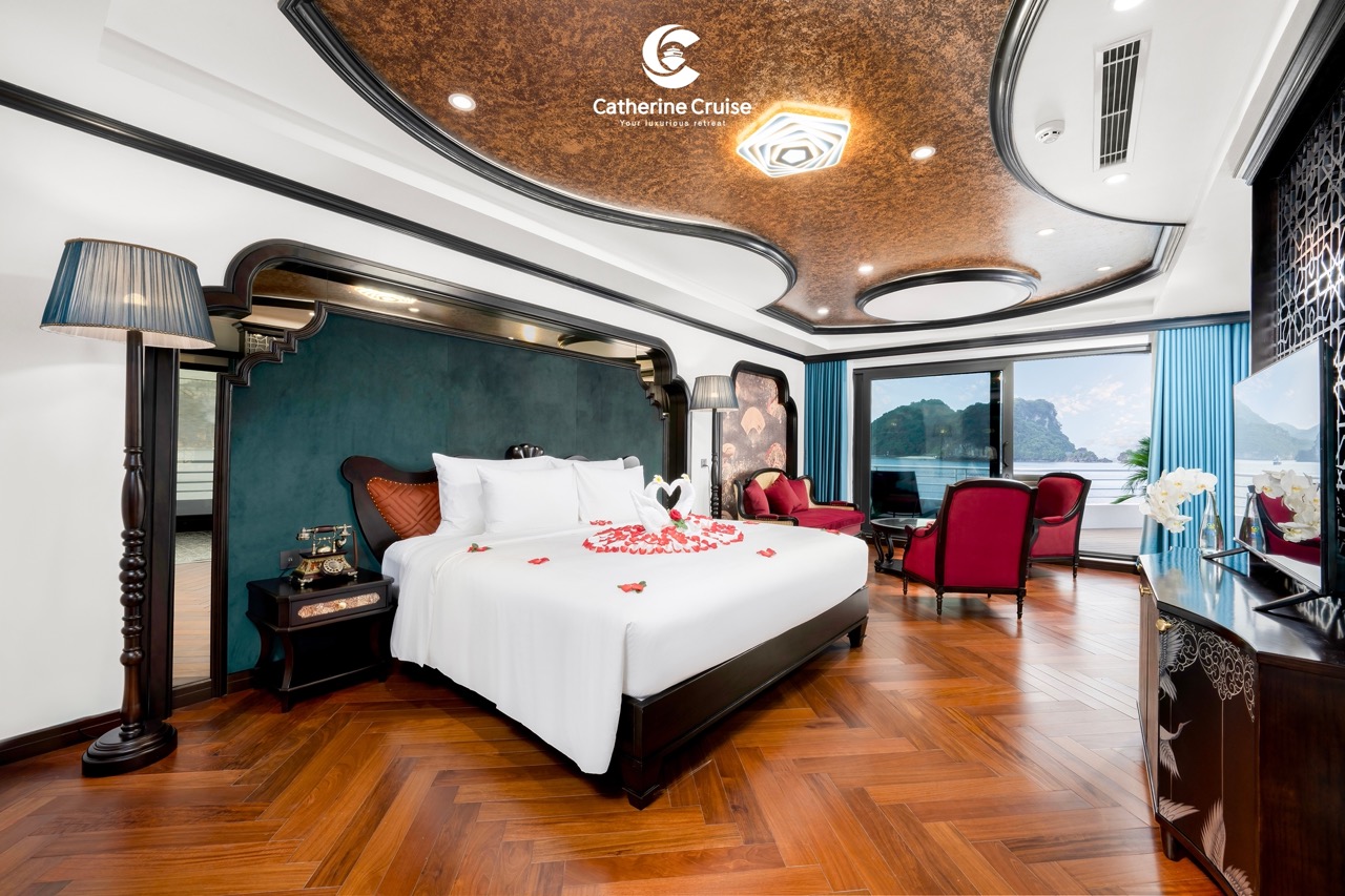 Luxurious cruise ship bedroom with ocean view, romantic decor, and elegant furnishings.