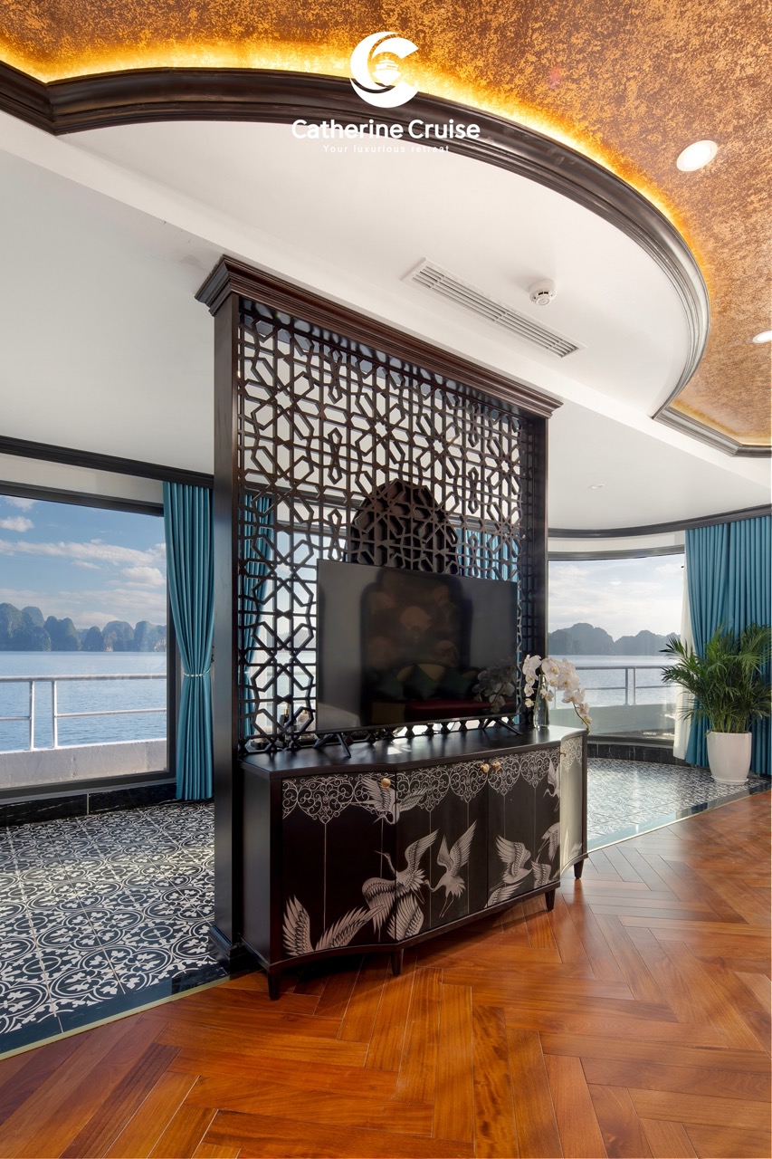 Elegant cruise interior with ocean view and Asian-inspired decor, luxurious and scenic.