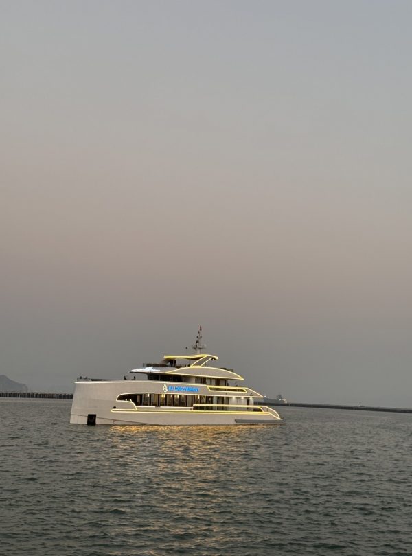 Elegant cruise ship sailing on Halong Bay at sunset, showcasing luxury and scenic beauty.