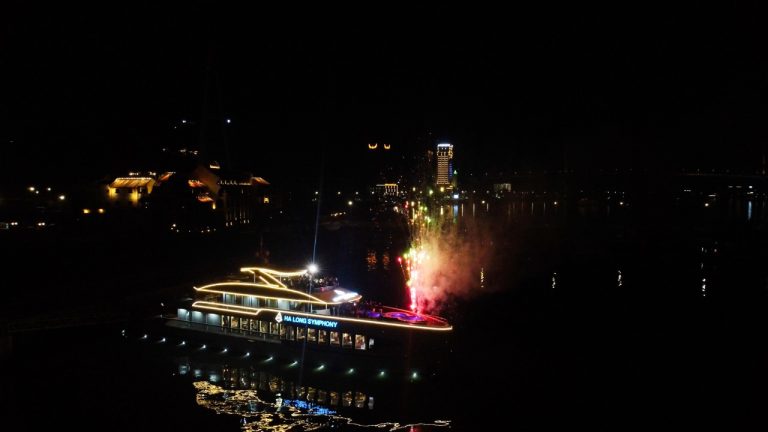 Nighttime Halong Bay cruise with fireworks and illuminated boat scene, perfect for travel enthusiast.