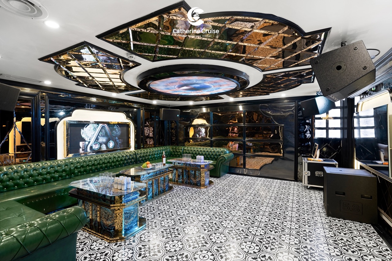 Luxurious cruise lounge with modern decor and sound system for private parties and events.