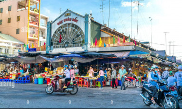 Floating Market Scene in Mekong Delta, Vietnam.