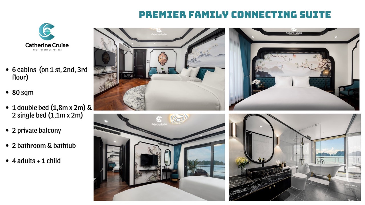 Elegant luxury family suite with modern decor, private balcony, and scenic waterfront views.