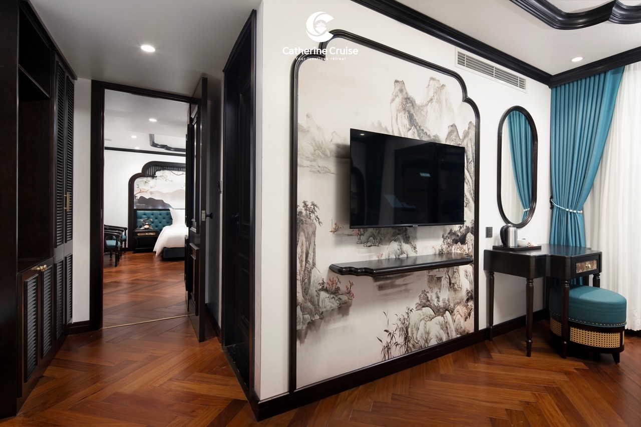 Luxurious hotel room with elegant Asian-inspired decor and modern amenities.