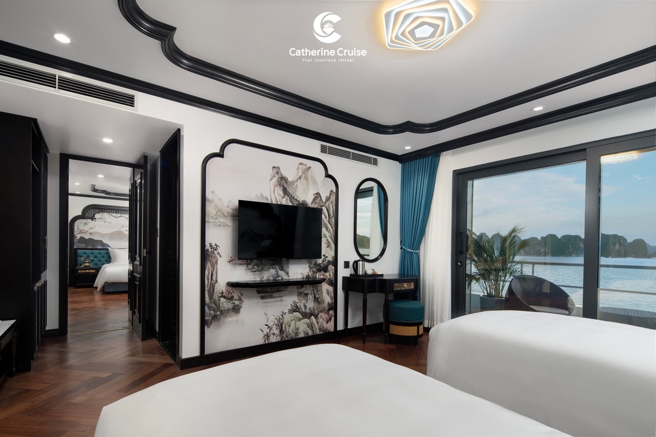 Luxurious hotel room with ocean view and modern decor, perfect for an elegant vacation experience.