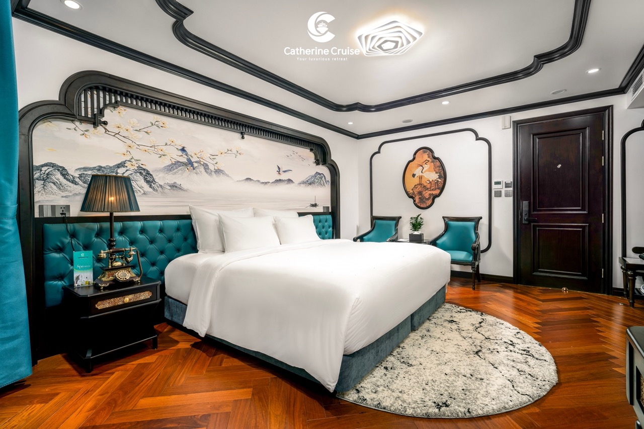 Elegant luxury hotel room with Asian-inspired decor, sleek furniture, and vibrant accents for a premium travel experience.