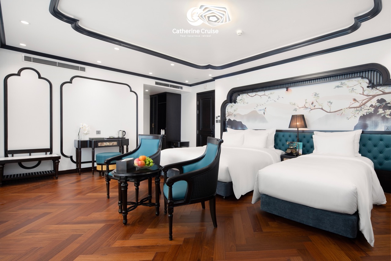 Luxury hotel room with modern Asian-inspired decor and elegant furnishings.