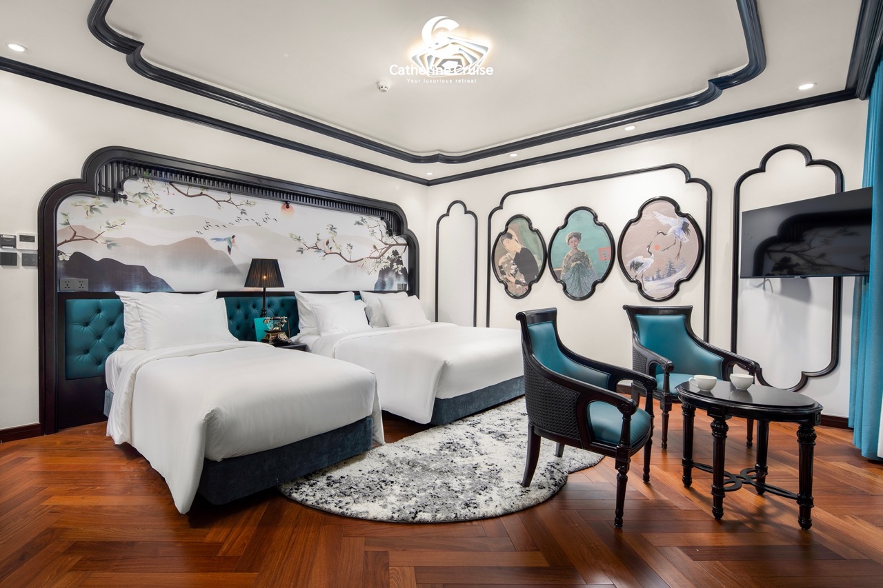 Elegant hotel room with two twin beds, traditional Asian decor, and modern amenities at ViettrendTour.