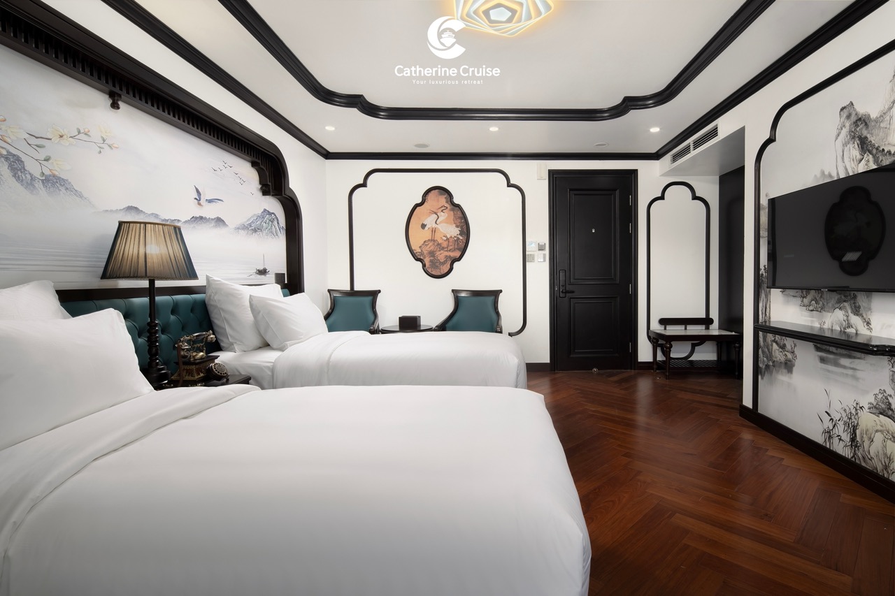 Elegant hotel room with Asian-inspired decor, plush bedding, and modern amenities for a luxurious stay.