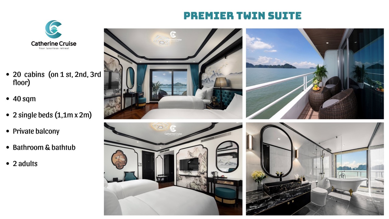 Luxurious twin suite with private balcony, modern bathroom, sea views, and elegant interior design.