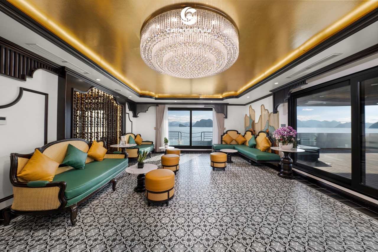 Elegant cruise lounge with scenic ocean view and luxurious decor at Viettrend Tour.