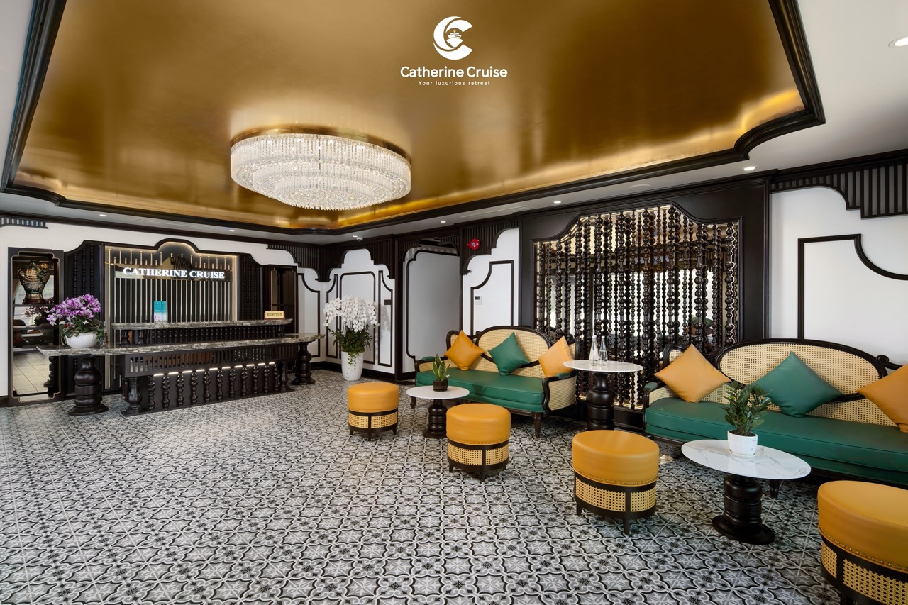 Elegant lounge area on Catherine Cruise with luxurious decor and comfortable seating.