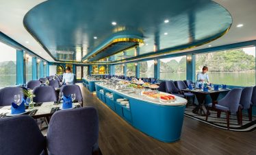 Luxurious cruise balcony with panoramic views of Halong Bay, perfect for relaxing and enjoying sceni.