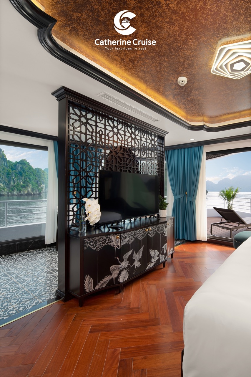 Luxury cruise hotel room with ocean views and modern decor, perfect for relaxing vacations.