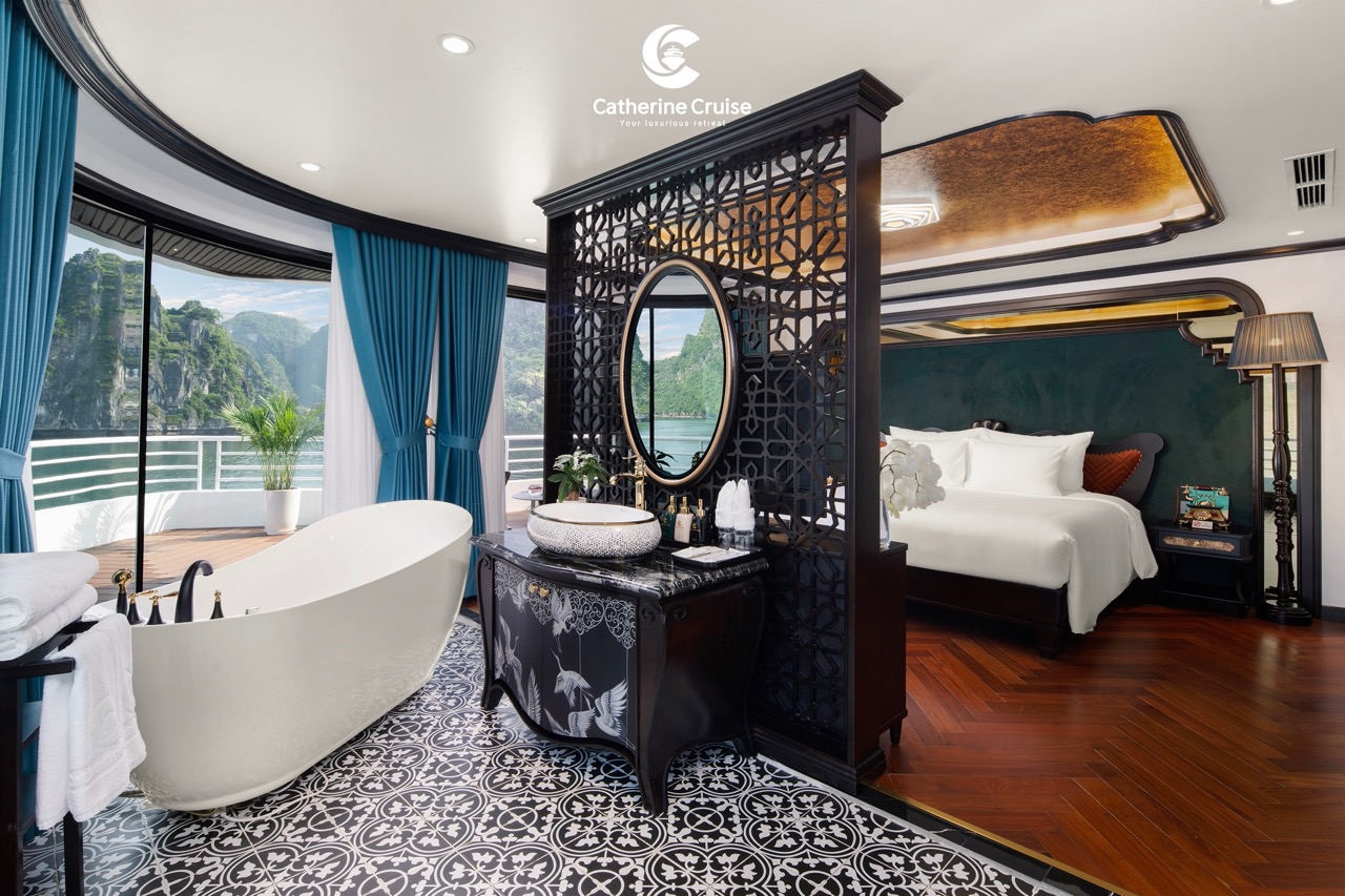 Spectacular luxury cruise suite with private balcony, elegant design, and scenic views of nature.