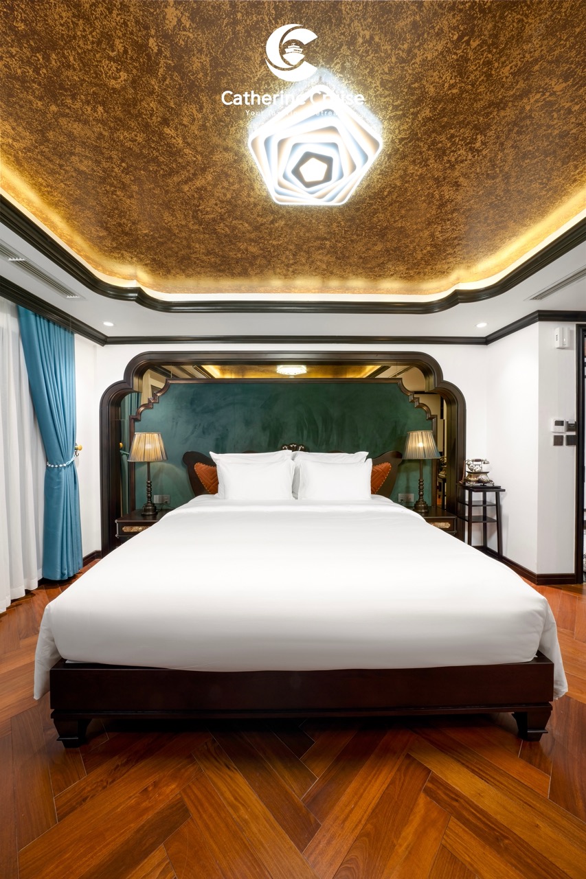 Luxury hotel bedroom with elegant decor and modern amenities in Vietnam.