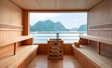 Scenic view of Halong Bay from a cruise balcony with lush islands and calm waters, perfect for relax.
