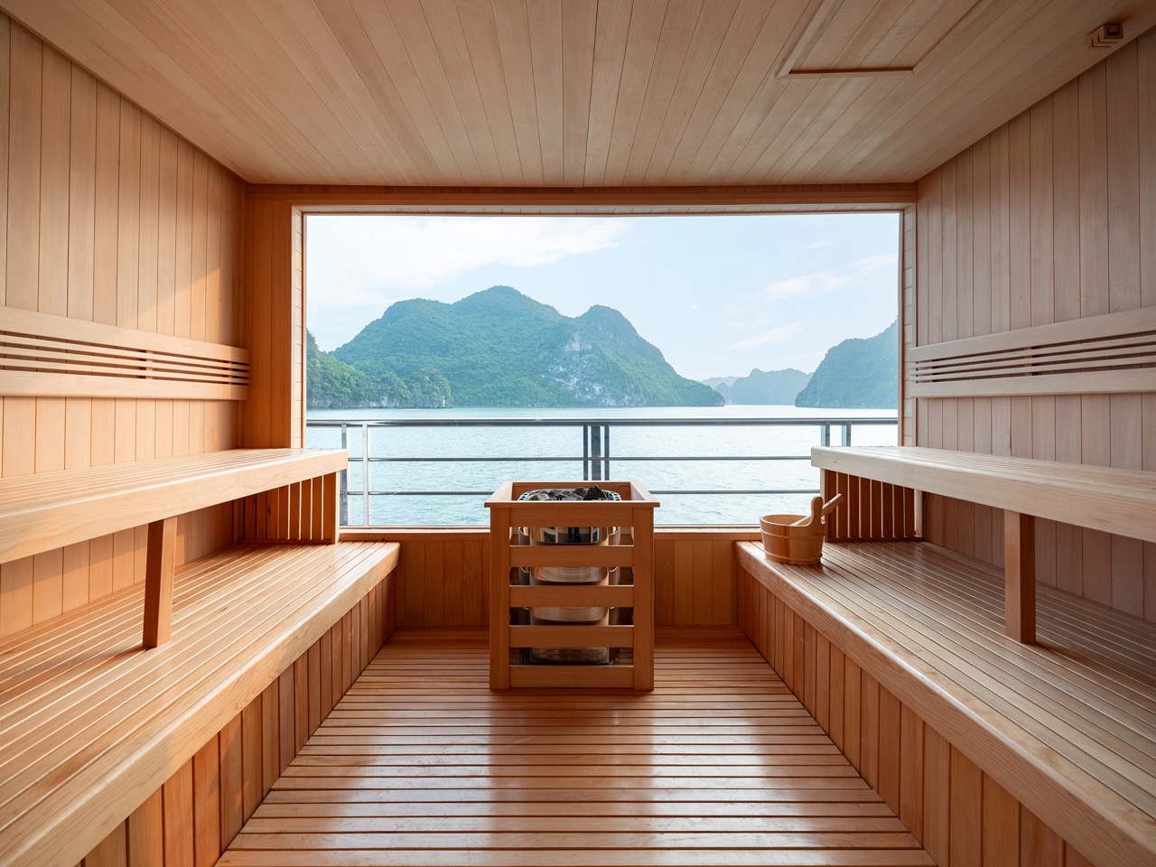 Scenic view of Halong Bay from a cruise balcony with lush islands and calm waters, perfect for relax.