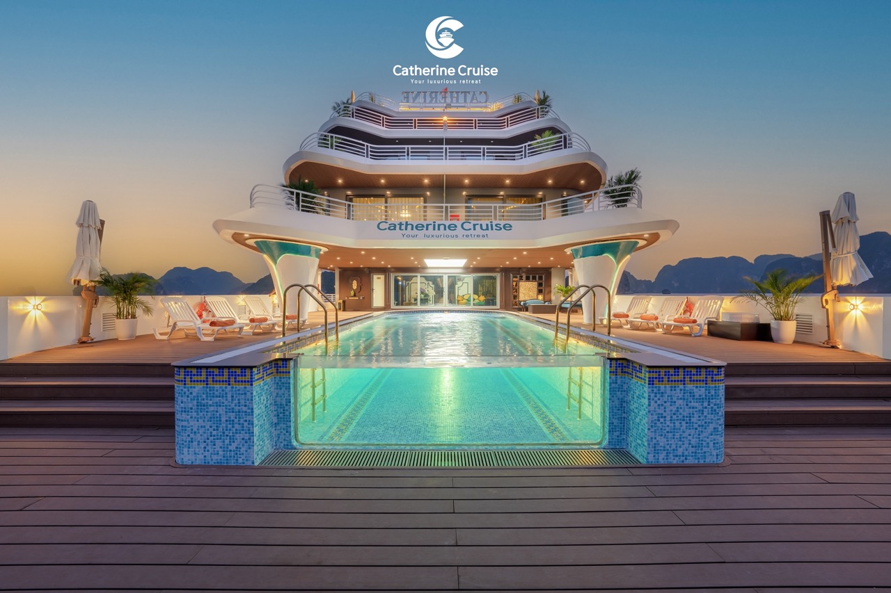 Stunning cruise ship deck with infinity pool at sunset, luxury travel and vacation experience.