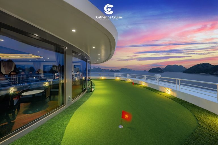 Luxurious cruise balcony with panoramic sea view during sunset in Vietnam.
