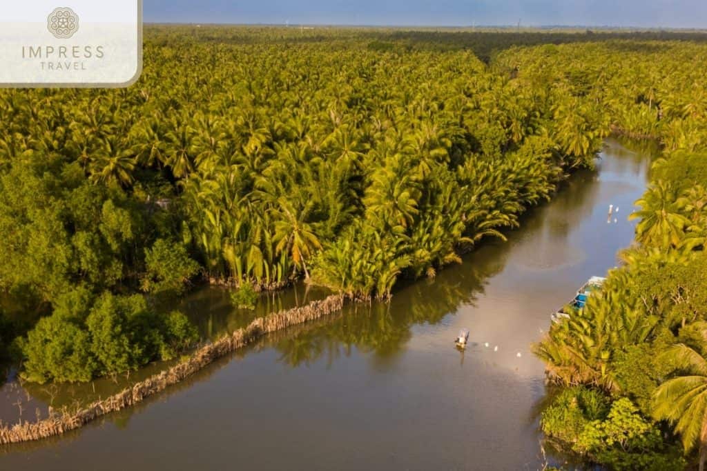 Mekong Delta river scene with lush greenery and boats cruising, showcasing Vietnam's natural beauty.