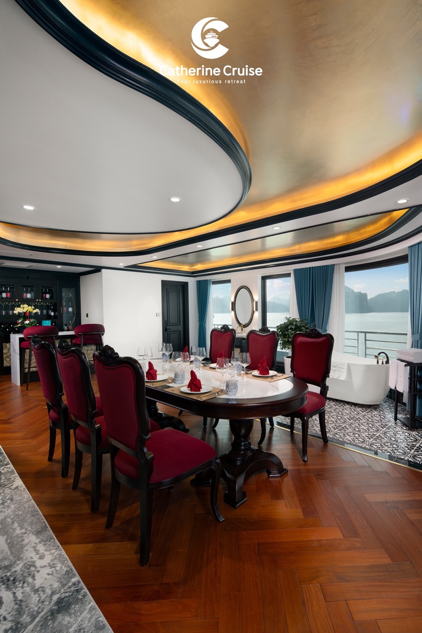 Elegant cruise dining room with luxurious decor and waterfront views.