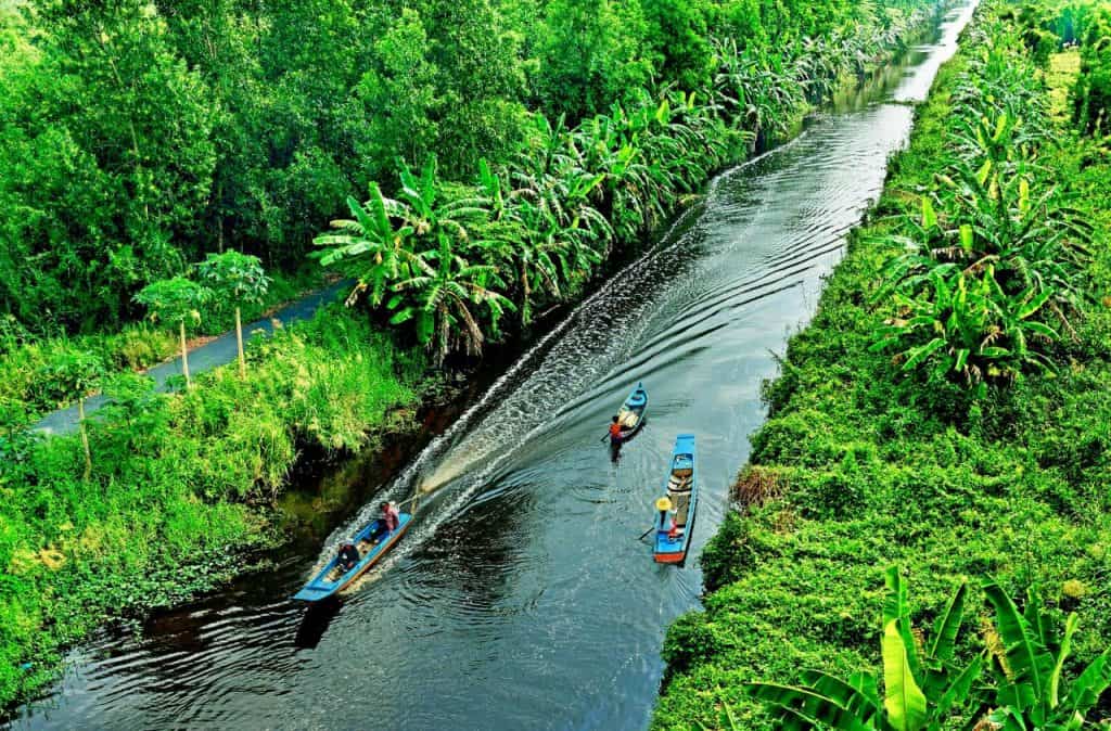 Mekong River scene with boats navigating lush green waterways, showcasing Vietnam's vibrant delta.