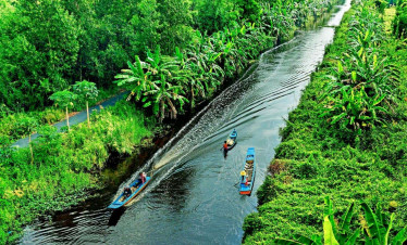 Mekong River scene with boats navigating lush green waterways, showcasing Vietnam's vibrant delta.