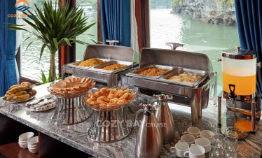 Elegant buffet setup with local delicacies on Cozy Bay Cruise.