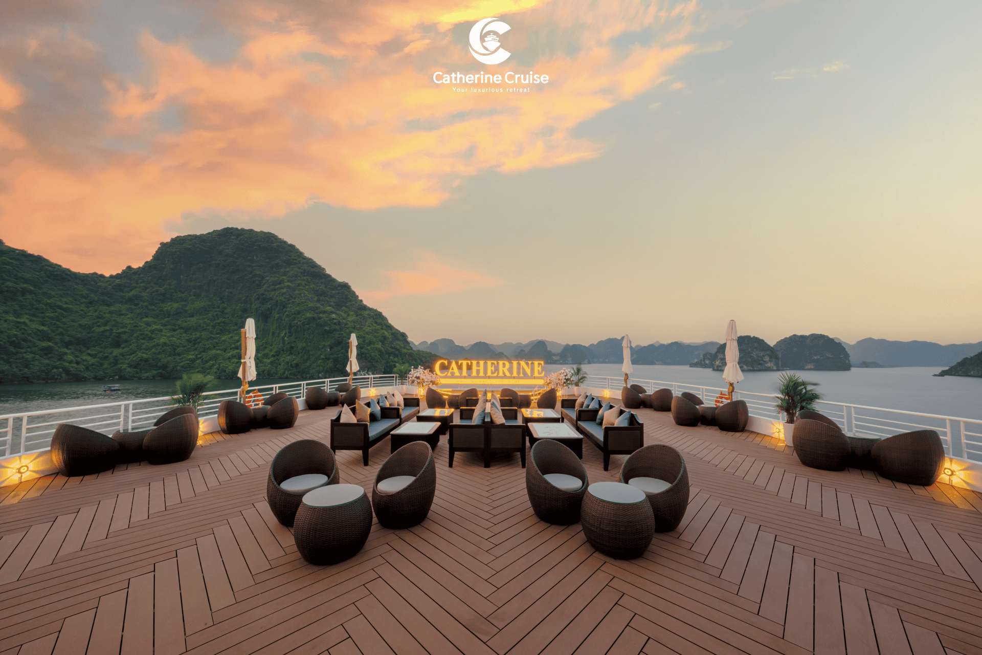 Lan Ha Bay sunset view from luxury cruise deck, perfect for relaxing and enjoying scenic beauty.