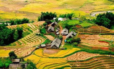 Rice terraces and traditional village houses in Sapa and Ha Giang, Vietnam.
