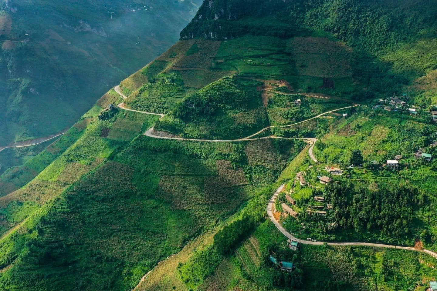 Ha Giang mountain road winding through lush green terraced fields.
