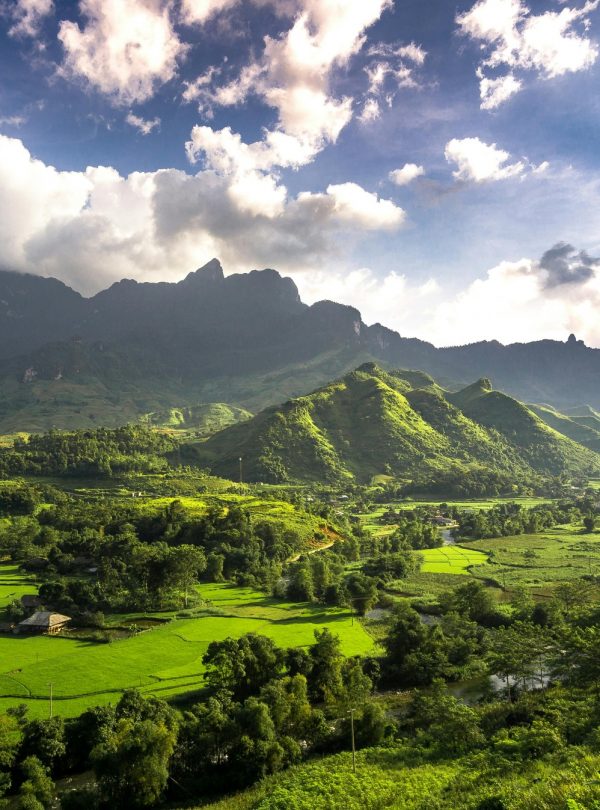 Scenic view of lush green mountains and terraced fields in Ha Giang during daytime.